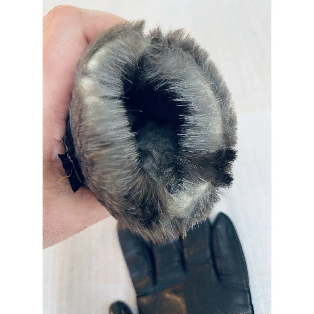Vintage Italian Black Leather Gloves Rabbit Fur Lined Size 7.5 Made in Italy